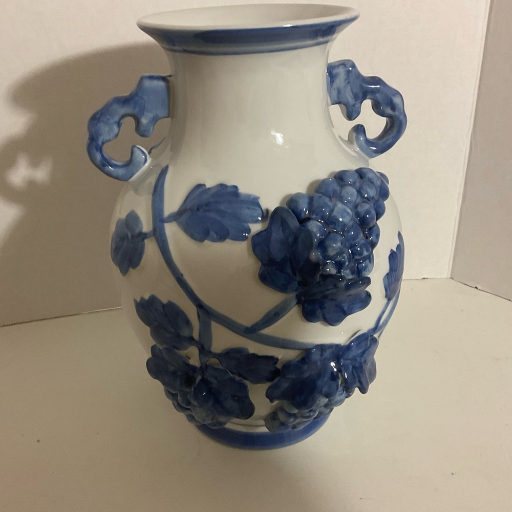 Blue and White Floral Relief Ceramic Vase - Home Accents